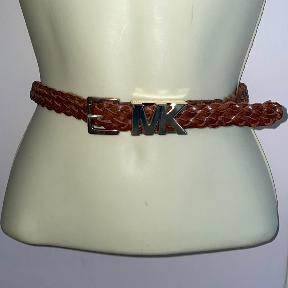 Michael‎ Kors brown woven leather belt with gold “MK” buckle